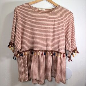 HUMMINGBIRD Striped Tassel Blouse Bohemian Chic Folk Garden Artsy Minimalist